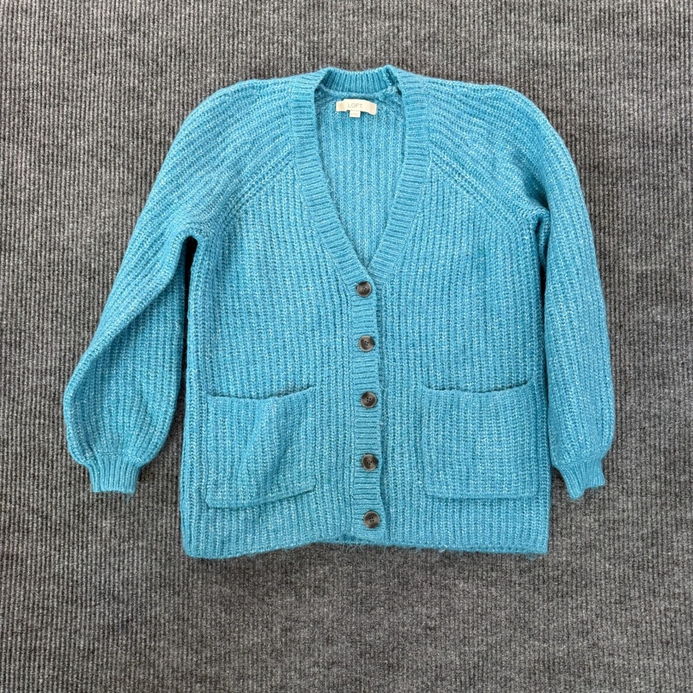 Loft Womens Ribbed Knit Button Front Cardigan Size M Blue Marled Wool Blend